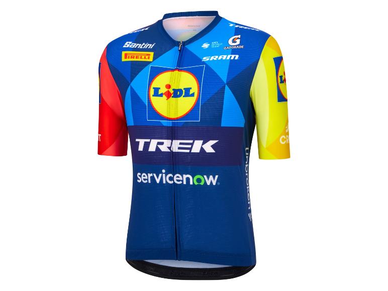Maillot de cyclisme bleu, jaune et rouge avec le logo d'une épicerie et d'un fabricant de vélos.