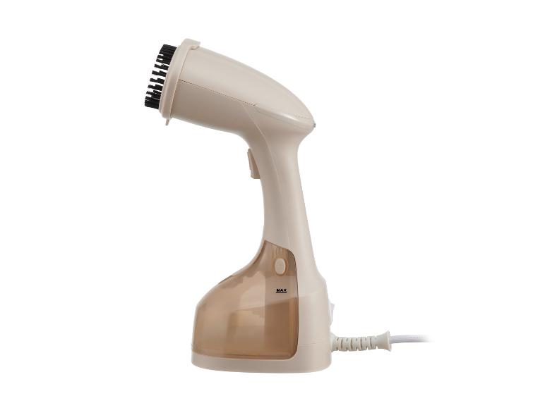 Un défroisseur portable beige avec une brosse attachée.