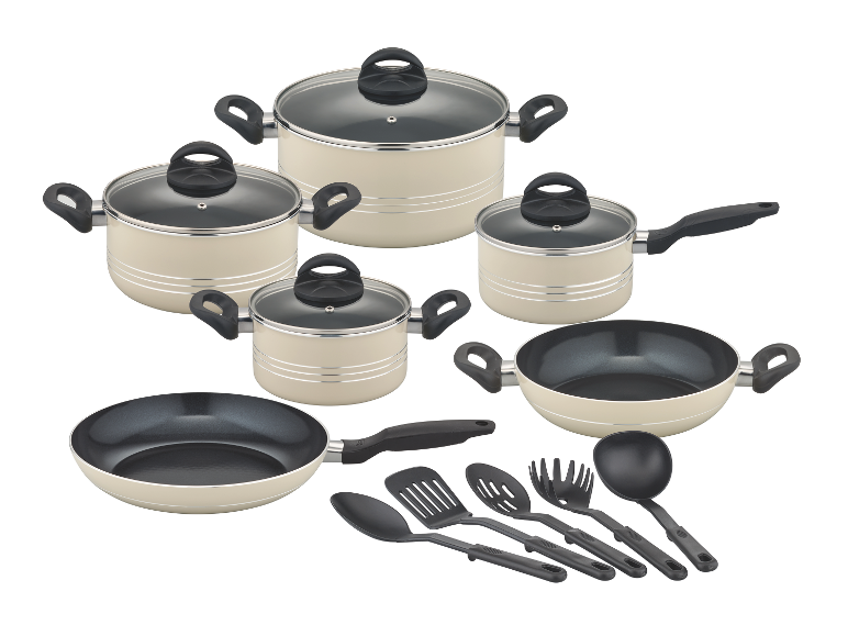 Batterie de cuisine GSW Milano Beige 15 pièces avec casseroles, poêles et ustensiles