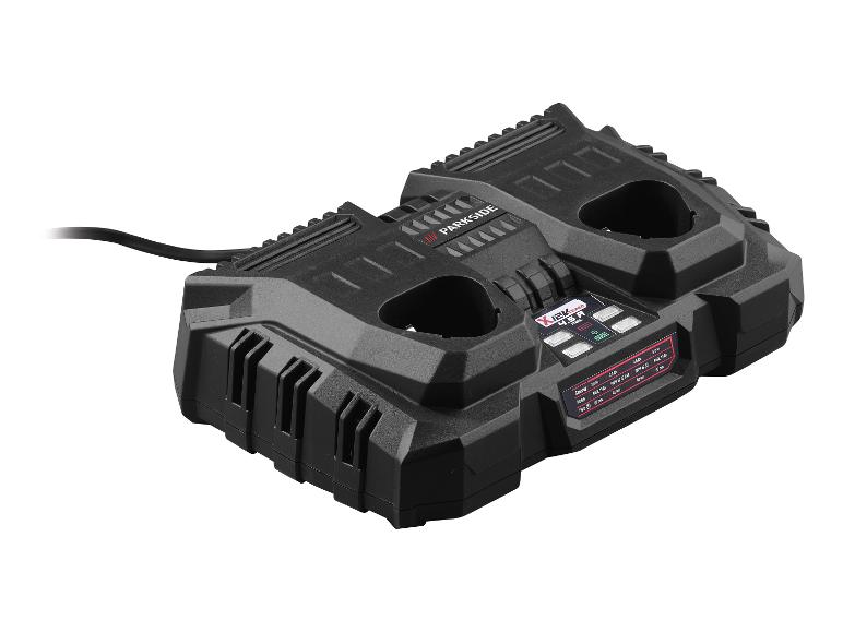 Chargeur double Parkside pour batteries d'outils électriques.