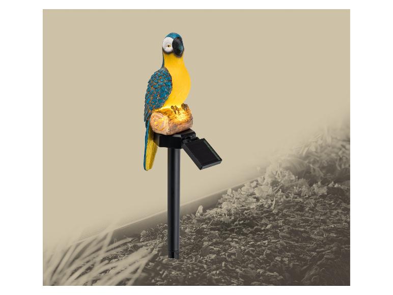 Piquet de jardin solaire en forme de perroquet bleu et jaune sur une bûche.
