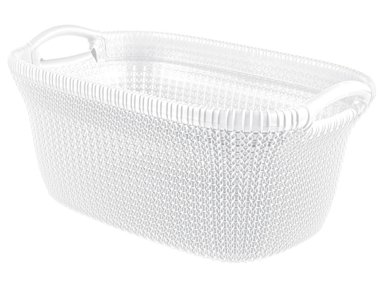 Un panier de rangement ovale blanc avec des poignées.