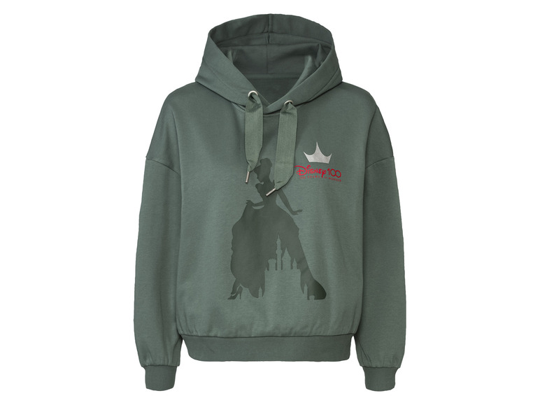 Un sweat-shirt vert à capuche avec un imprimé de Cendrillon et le logo Disney 100.