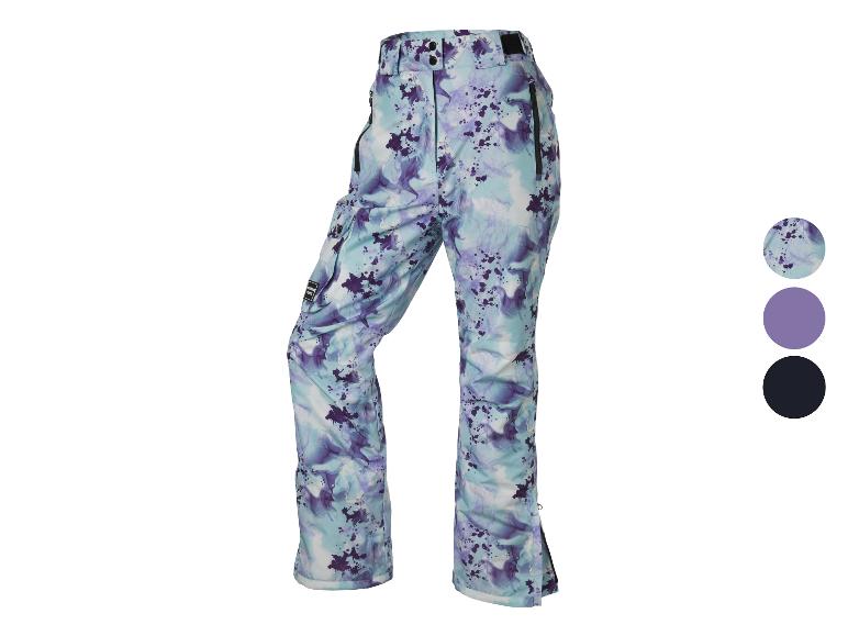 Pantalon de ski à imprimé abstrait bleu et violet, avec poches et fermetures éclair.