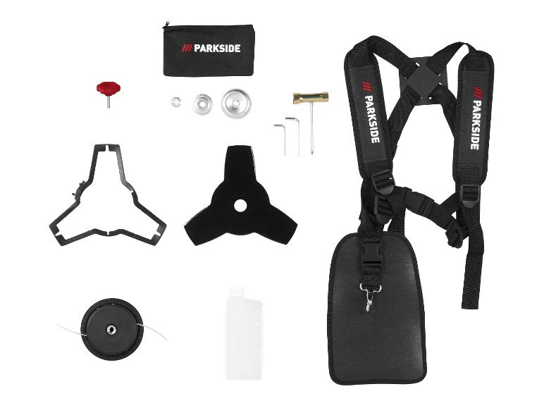 Accessoires Parkside pour débroussailleuse : harnais, tête de fil, lame à 3 dents et kit d'outils.
