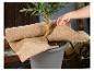 Une personne place une feuille de jute protectrice autour d'une plante en pot.