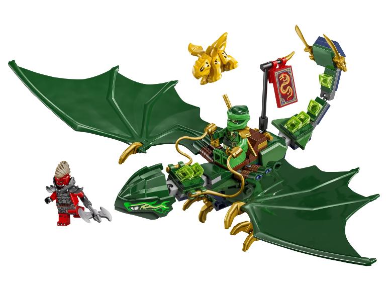 Dragon jouet vert avec un cavalier ninja et une figurine de guerrier rouge.