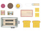 Un grille-pain jouet, un couteau, du pain, du fromage et un œuf.