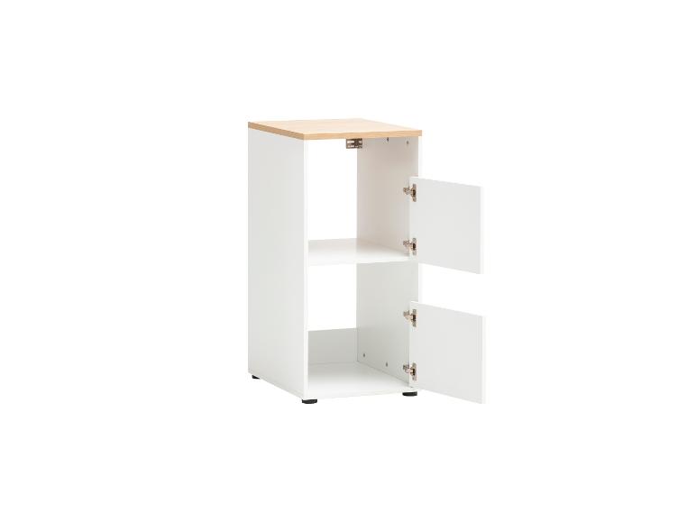Meuble de rangement blanc avec plateau en bois et deux portes ouvertes