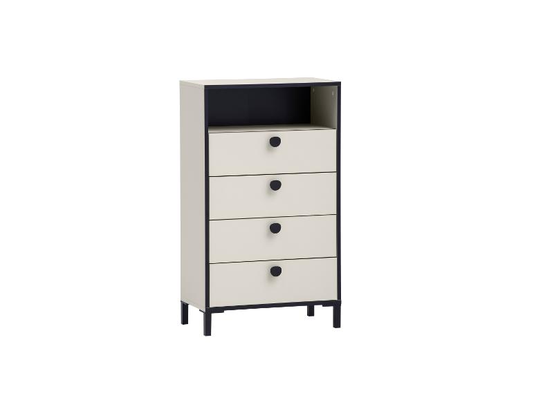 Commode étroite avec quatre tiroirs et un compartiment ouvert, design beige et noir.