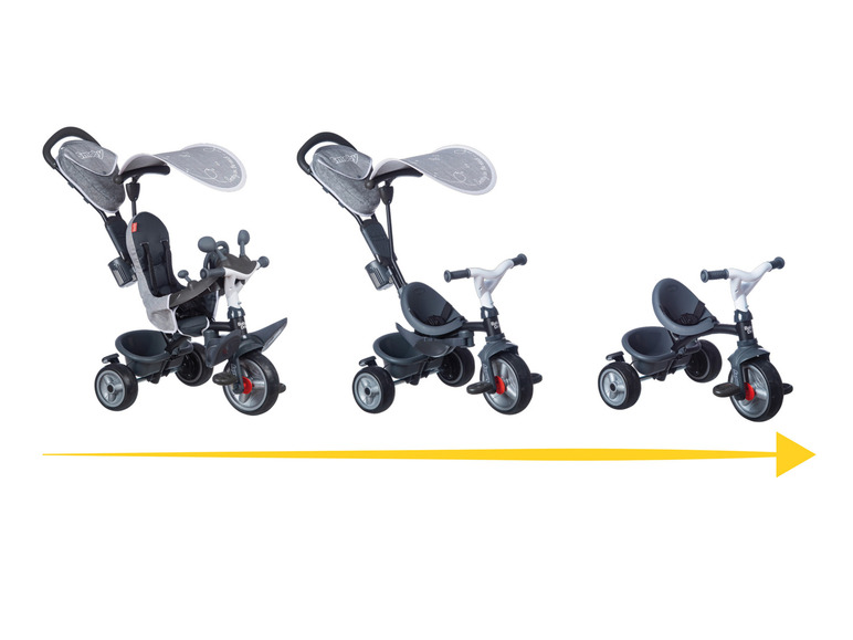 Trois étapes différentes d'un tricycle Smoby, du bébé au tout-petit.