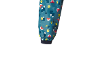 Gros plan d'une manche de veste enfant teal avec un motif ludique de renard et de forêt.