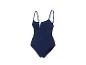 Maillot de bain une pièce bleu marine avec décolleté en V et fines bretelles.