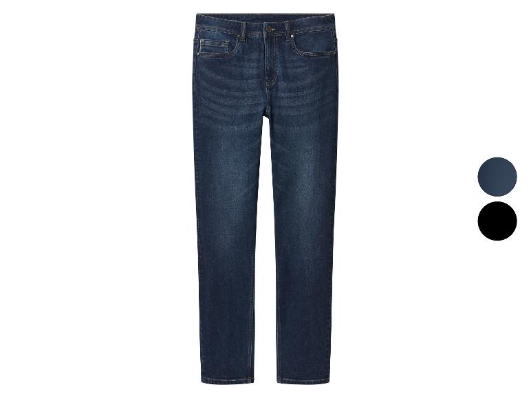Jean bleu foncé avec deux échantillons de couleur à côté.