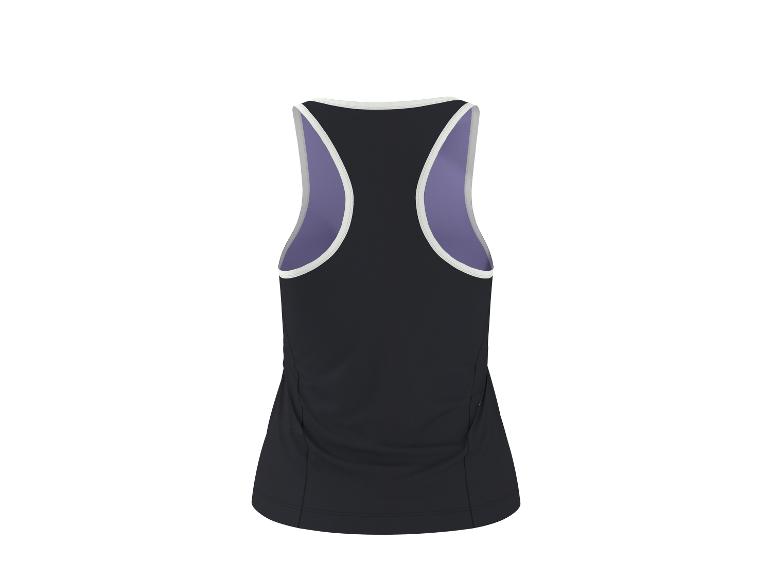 Débardeur de sport noir pour femme avec empiècements violets, vue arrière.