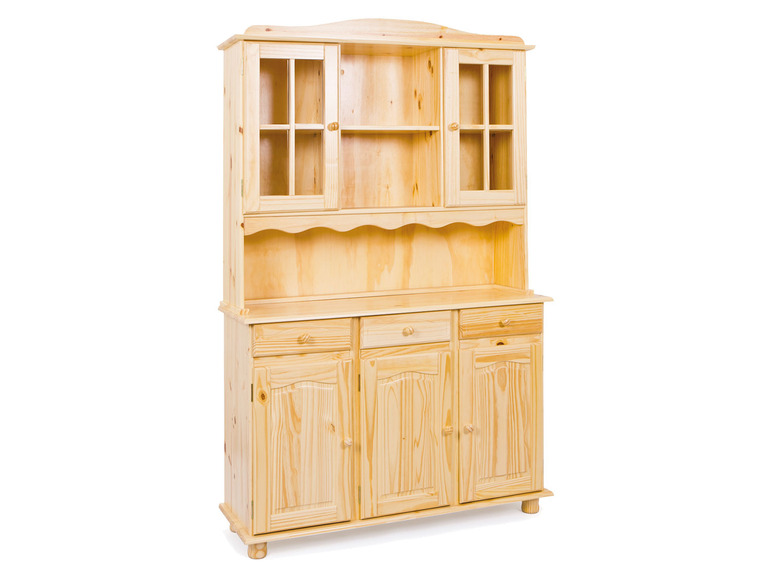 Un buffet en bois avec des portes en verre et des tiroirs
