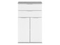 Une armoire blanche avec deux tiroirs et deux portes.