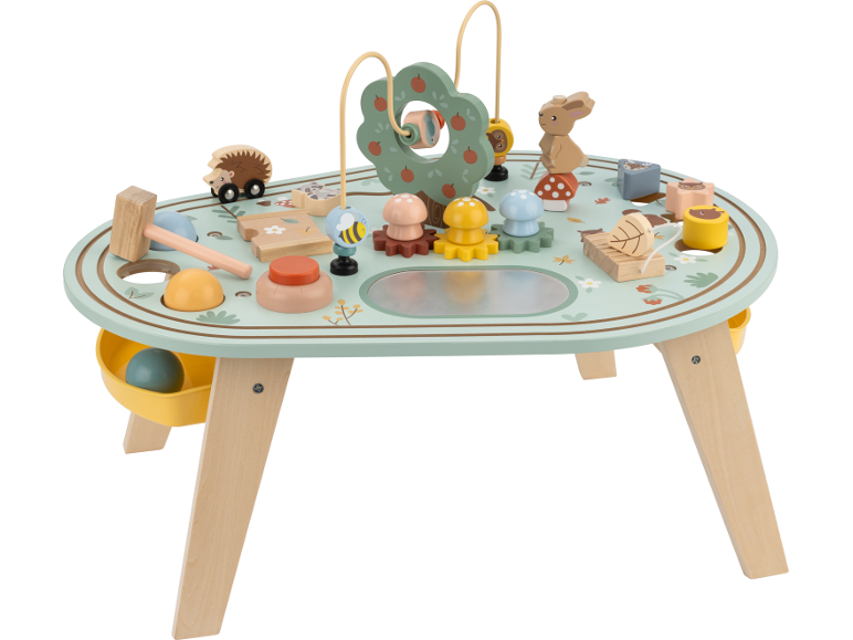 Table d'activités en bois sur le thème des animaux de la forêt, avec hérisson, lapin et abeille.