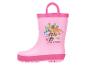 Bottes de pluie roses pour enfants avec des dinosaures et un chiot, texte 'No dinos too big, No pups too small'