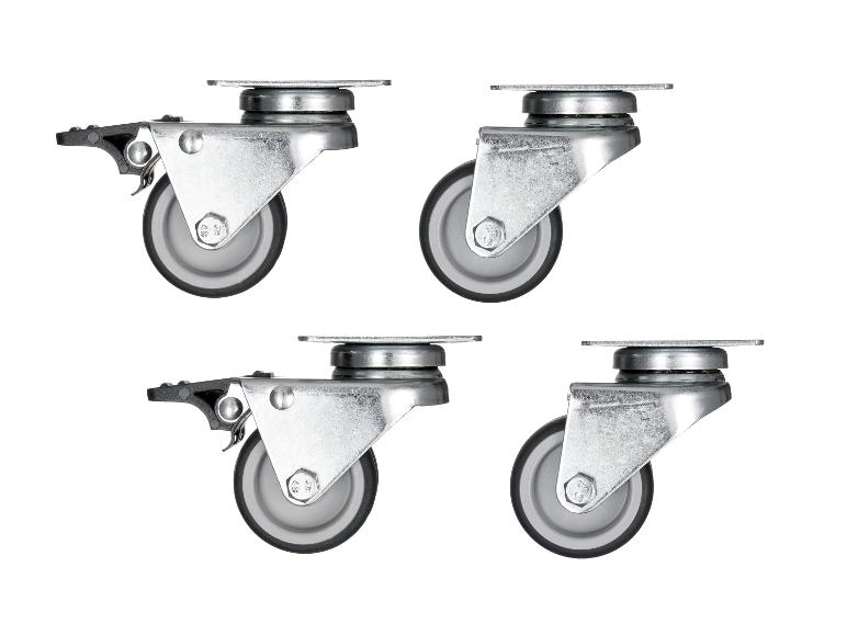 Quatre roulettes pivotantes métalliques avec freins.