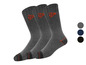 Trois paires de chaussettes grises avec des accents orange.