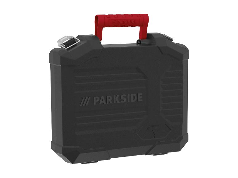 Mallette à outils Parkside noire avec poignée rouge.