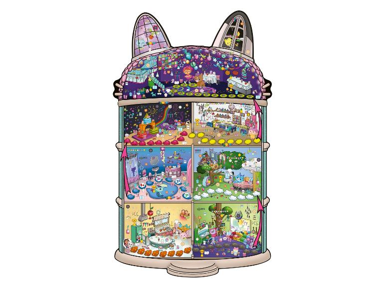 Une maison de poupée colorée en forme de chat avec plusieurs étages remplis de personnages de dessins animés et de scènes de jeu.