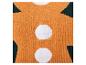 Un pull en tricot orange à pois blancs et détails verts.