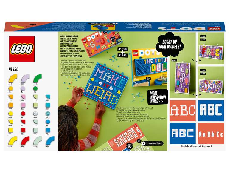 Ensemble LEGO Dots avec trois créations : un cadre avec le mot ' Free ', un autre avec ' Cool ' et un autre avec ' Unique '.