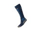 Chaussette de ski bleu marine avec des détails bleu clair et gris.