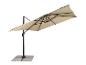 Parasol beige avec cadre noir et base en dalles grises.