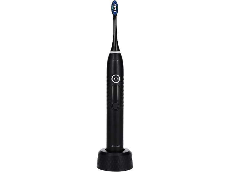 Brosse à dents électrique noire avec des poils bleus et blancs, sur une base de chargement.
