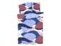 Une housse de couette avec des formes rondes bleues, roses et rouges