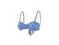 Haut de bikini bleu à imprimé floral avec nœud sur le devant et bretelles réglables.