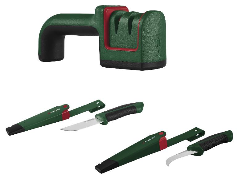 Aiguiseur de couteaux vert et noir avec deux couteaux à lame droite et courbe