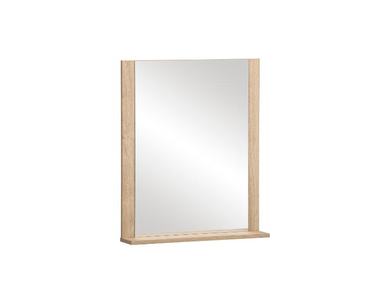 Miroir rectangulaire avec un cadre en bois clair et une petite étagère en dessous.
