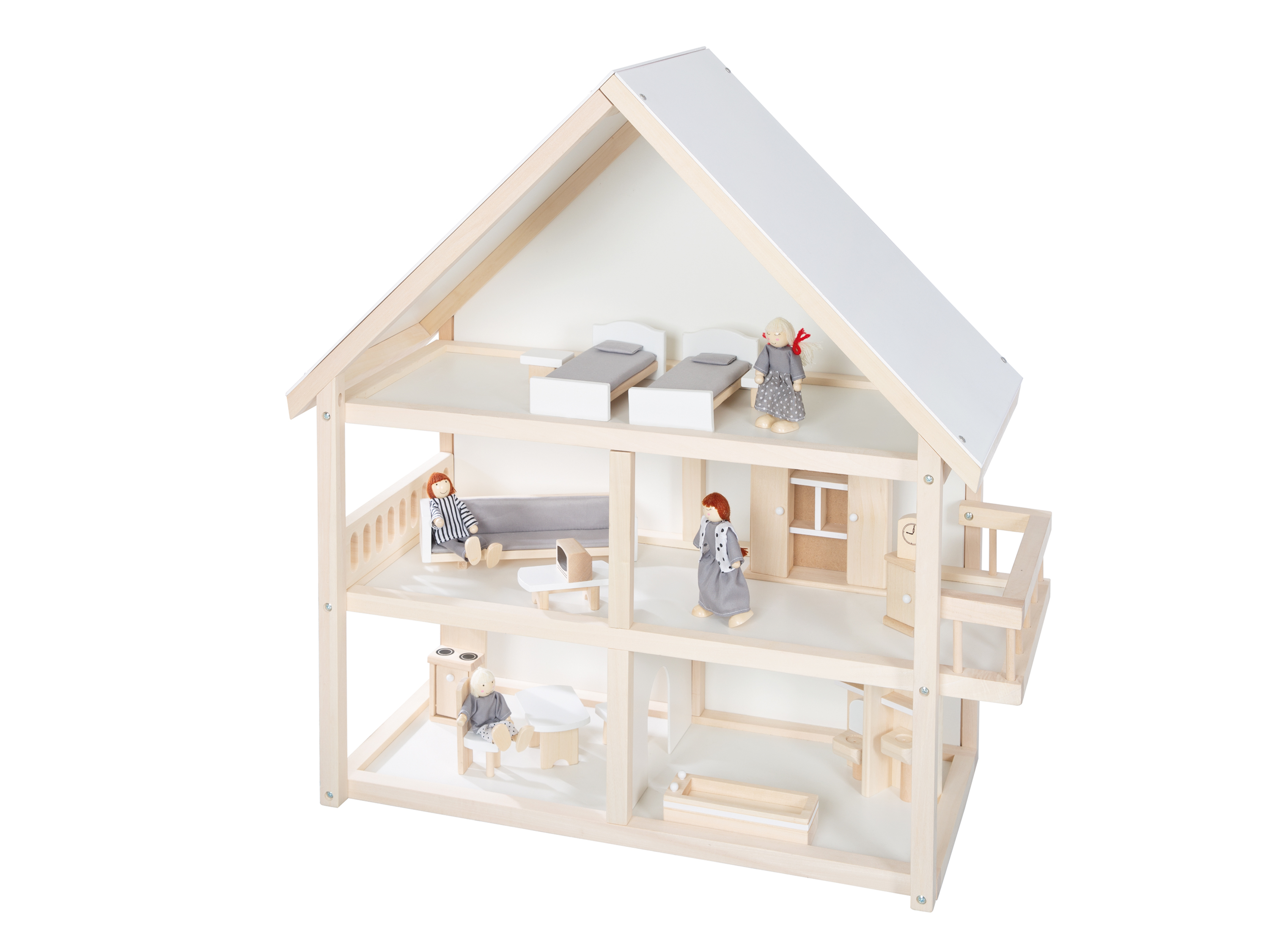 Roba Maison de poupée en bois - 3 étages avec 16 pièces de mobilier et 4 poupées - Naturel / Blanc / Beige - vue 3