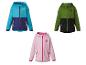 Trois vestes à capuche pour enfants : bleu/violet 'GO OUTSIDE & EXPLORE', vert/noir, rose 'GO OUTSIDE AND EXPLORE'.