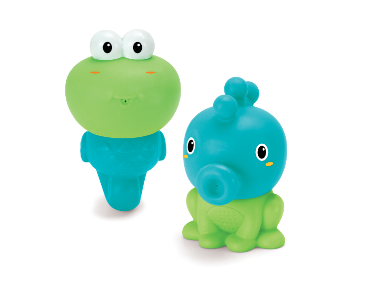 Jouets de bain grenouille et poulpe aux couleurs vives.