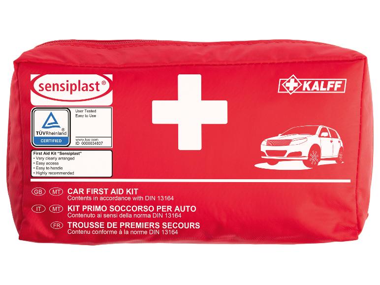 Trousse de premiers secours rouge pour voiture avec croix blanche et certification.