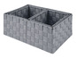 Trois paniers de rangement gris en tissu tissé.