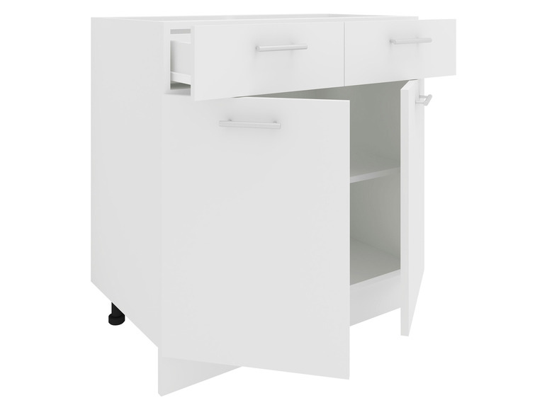 Armoire de cuisine blanche avec deux tiroirs et deux portes.