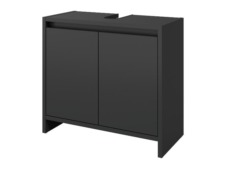 Meuble sous-lavabo noir avec deux portes et une découpe pour siphon.