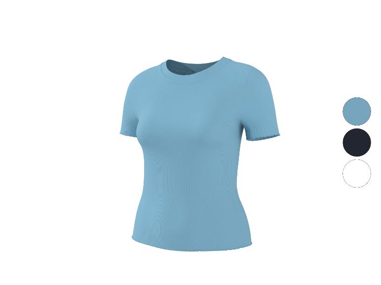 Mannequin avec t-shirt côtelé bleu à manches courtes pour femme, avec options de couleur