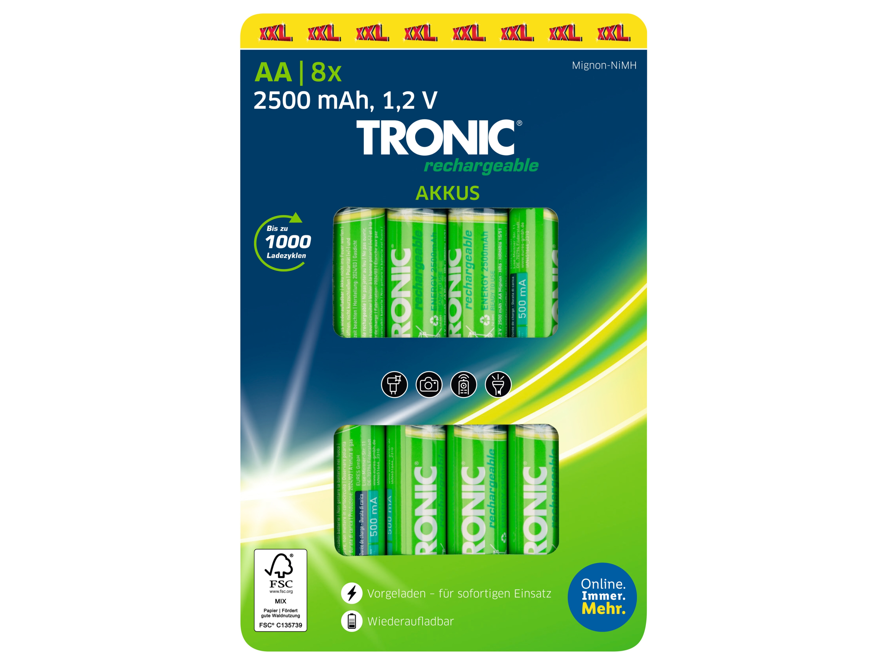 TRONIC® Piles AA ou AAA Accu Ni-MH Ready 2 Use, 1,2 V, 8 pièces