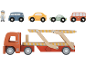 Jouet en bois : un camion transporteur de voitures avec un conducteur et quatre petites voitures.