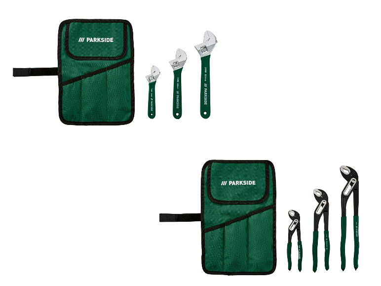 Ensemble de clés à molette et de pinces multiprises dans une trousse à outils verte.