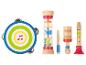 Tambourin, hochet et flûte à bec en bois colorés pour enfants.
