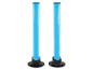 Deux lampes LED bleues tubulaires sur des bases noires.