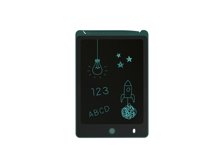 Une tablette LCD noire pour écrire avec un dessin de fusée, d'ampoule et d'étoiles.
